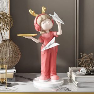 Tượng cô gái nghe nhạc bưng khay CD1449